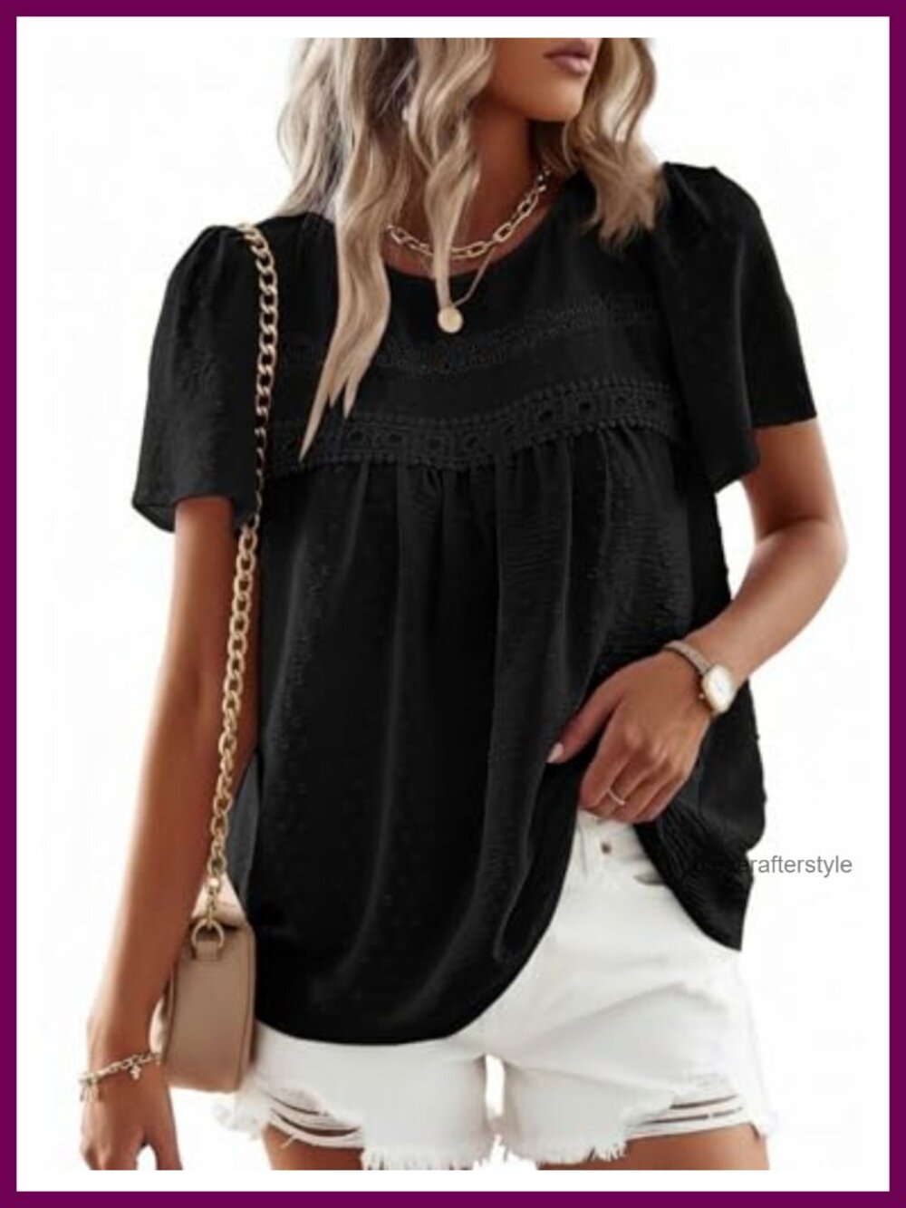 Womens Boho Blouse Short Sleeve Crochet Lace Babydoll Top